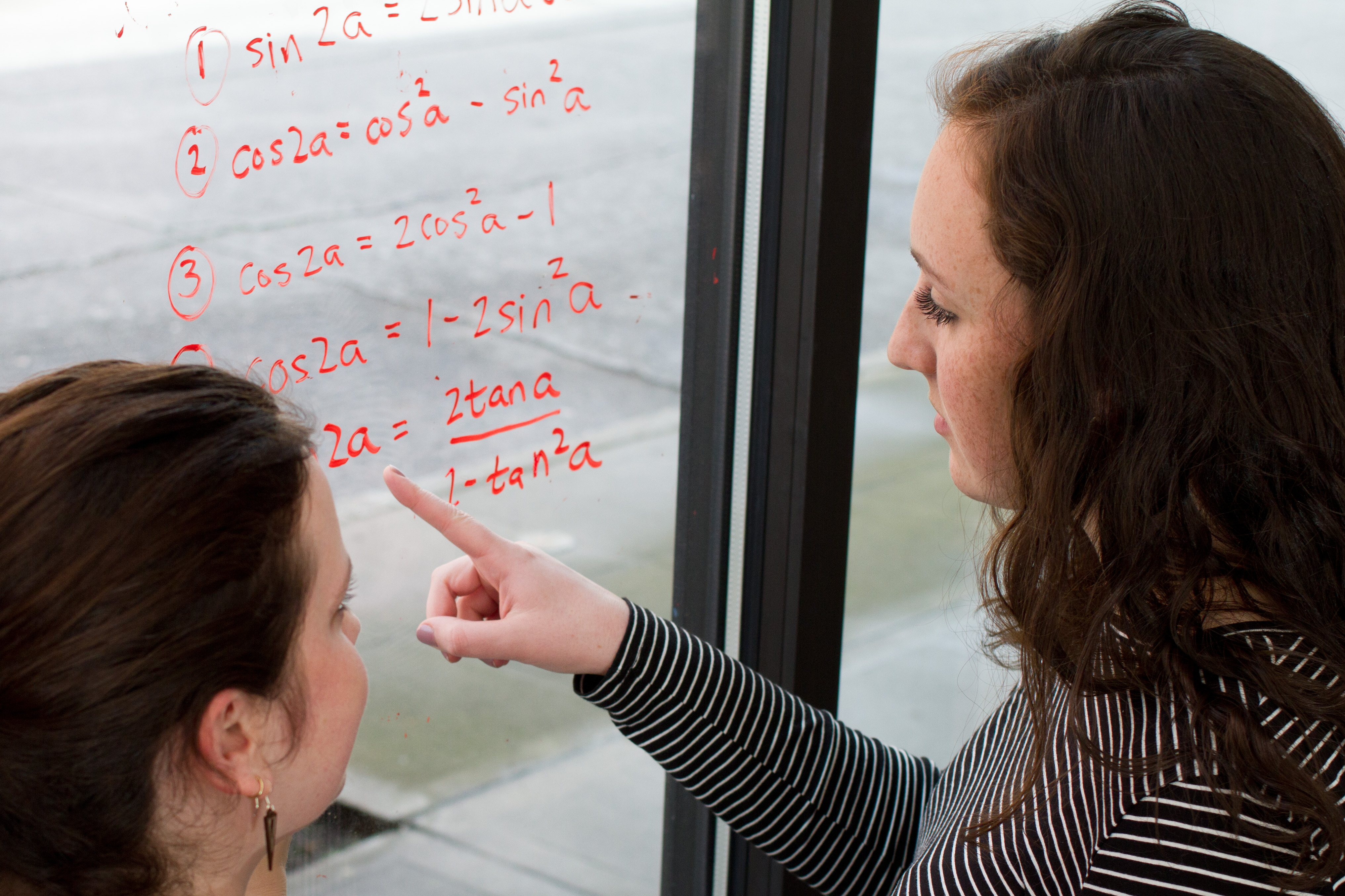 Student and tutor point to math problems on the window whiteboard.