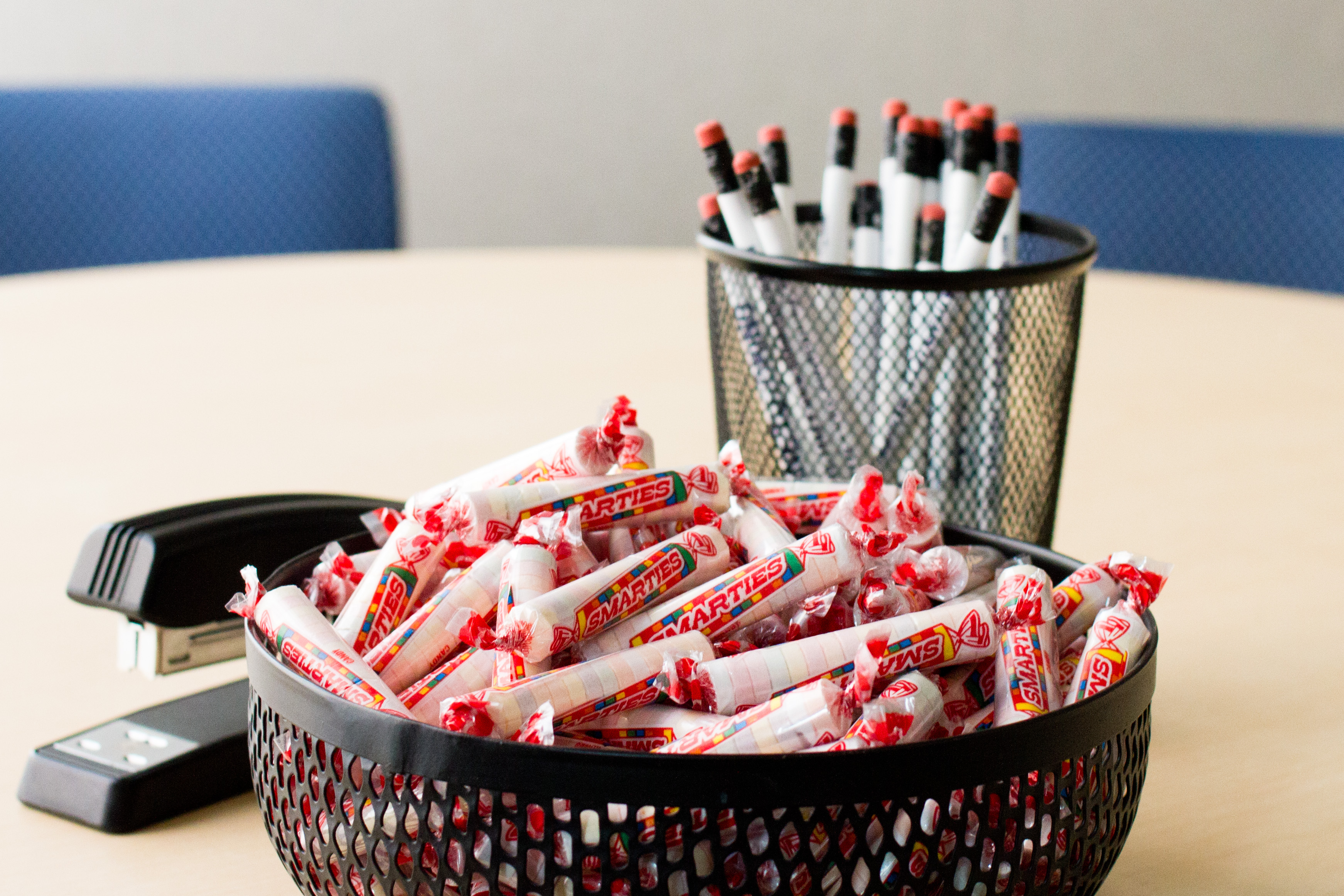 Tutoring supplies and candy at the front desk.
